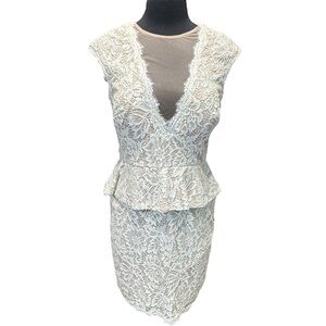 Betsy & Adam White/Blush Lace Peplum Illusion Sheath Dress Size 12